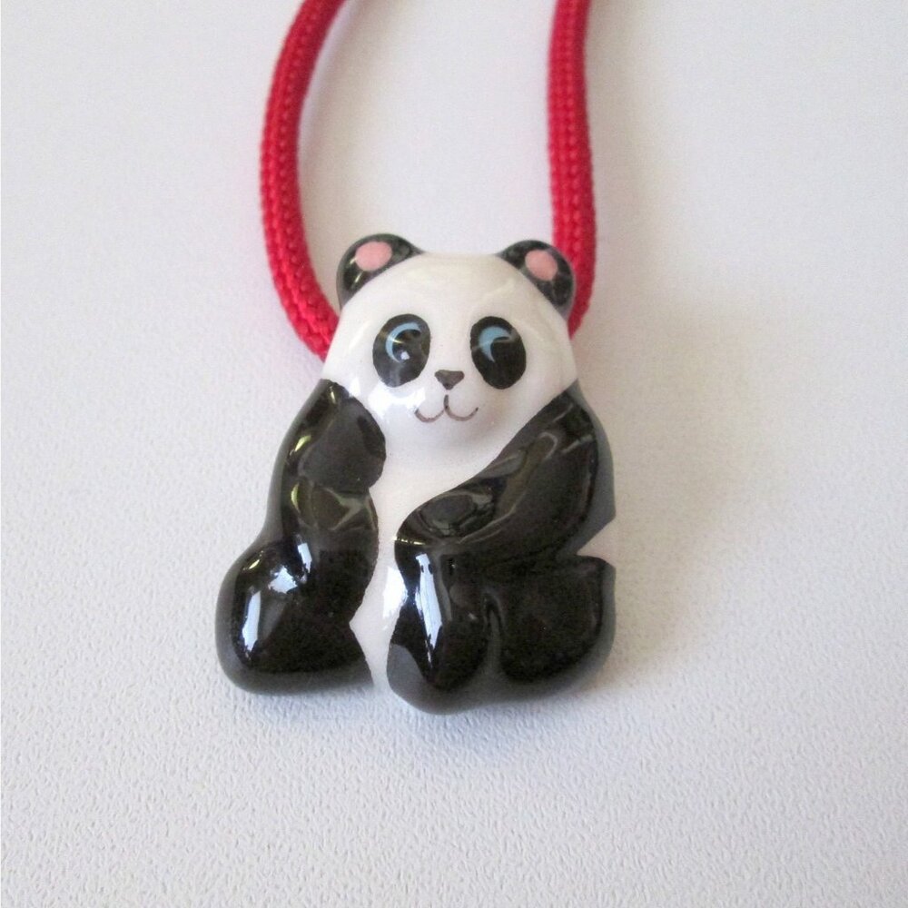 Vintage Flying Colors Ceramic Panda Pendant Red Cord Necklace 1980s -Small Flaw-